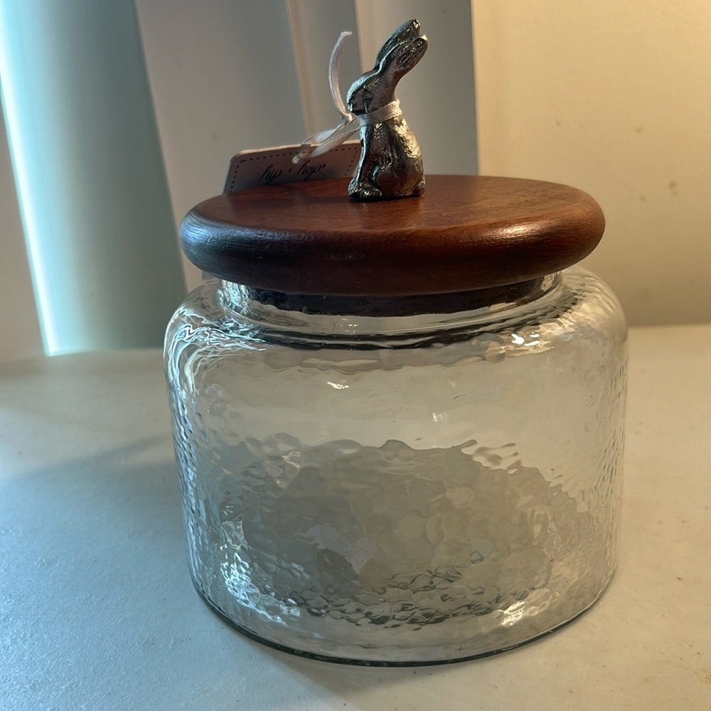 Textured Vtg Glass Jar “hip + hop” Canister w/Wooden Lid & Pewter Bunny Rabbit